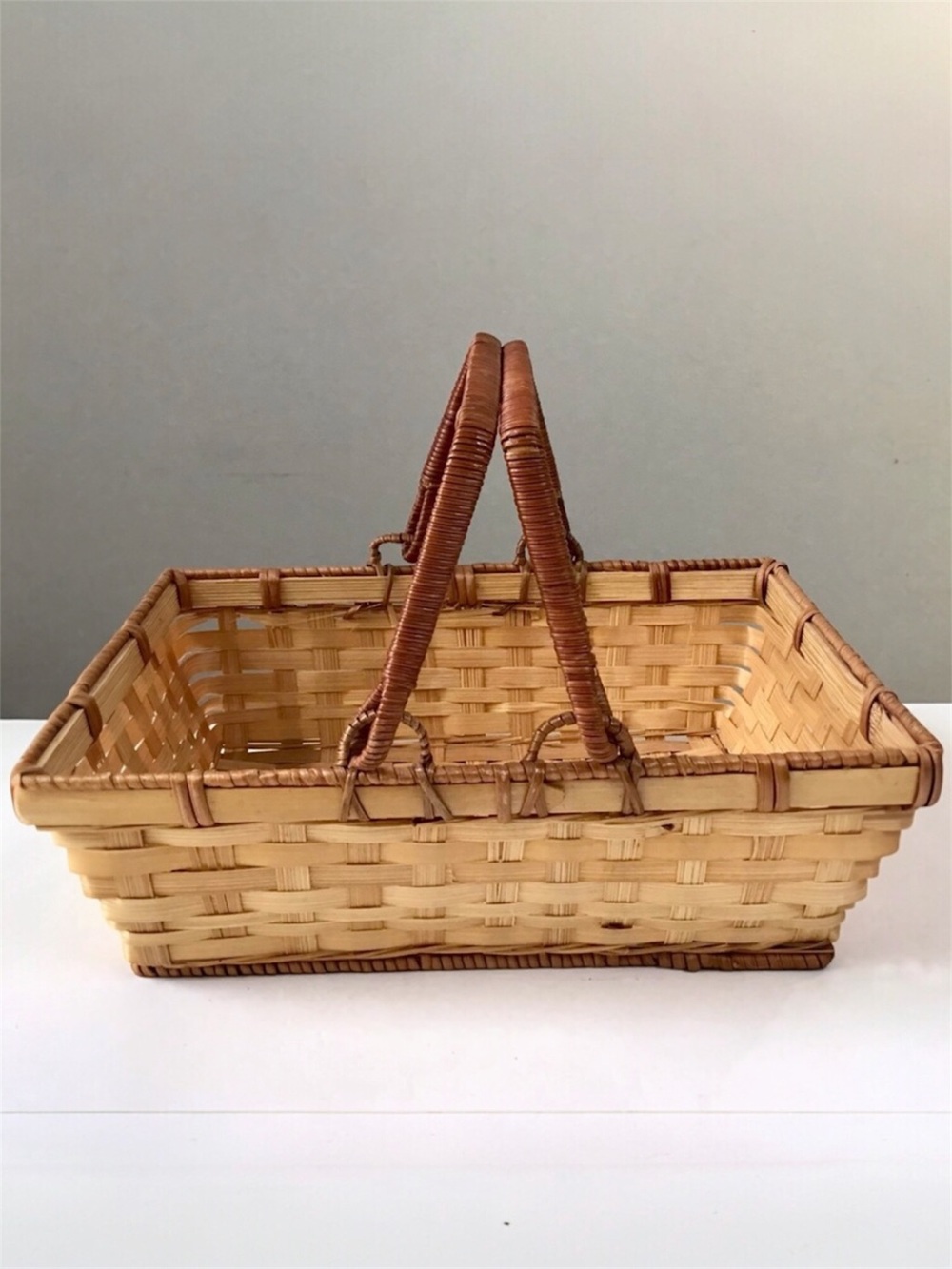 Vintage Rectangular Wicker Basket With Handles That Lie Down Farmhouse Decor